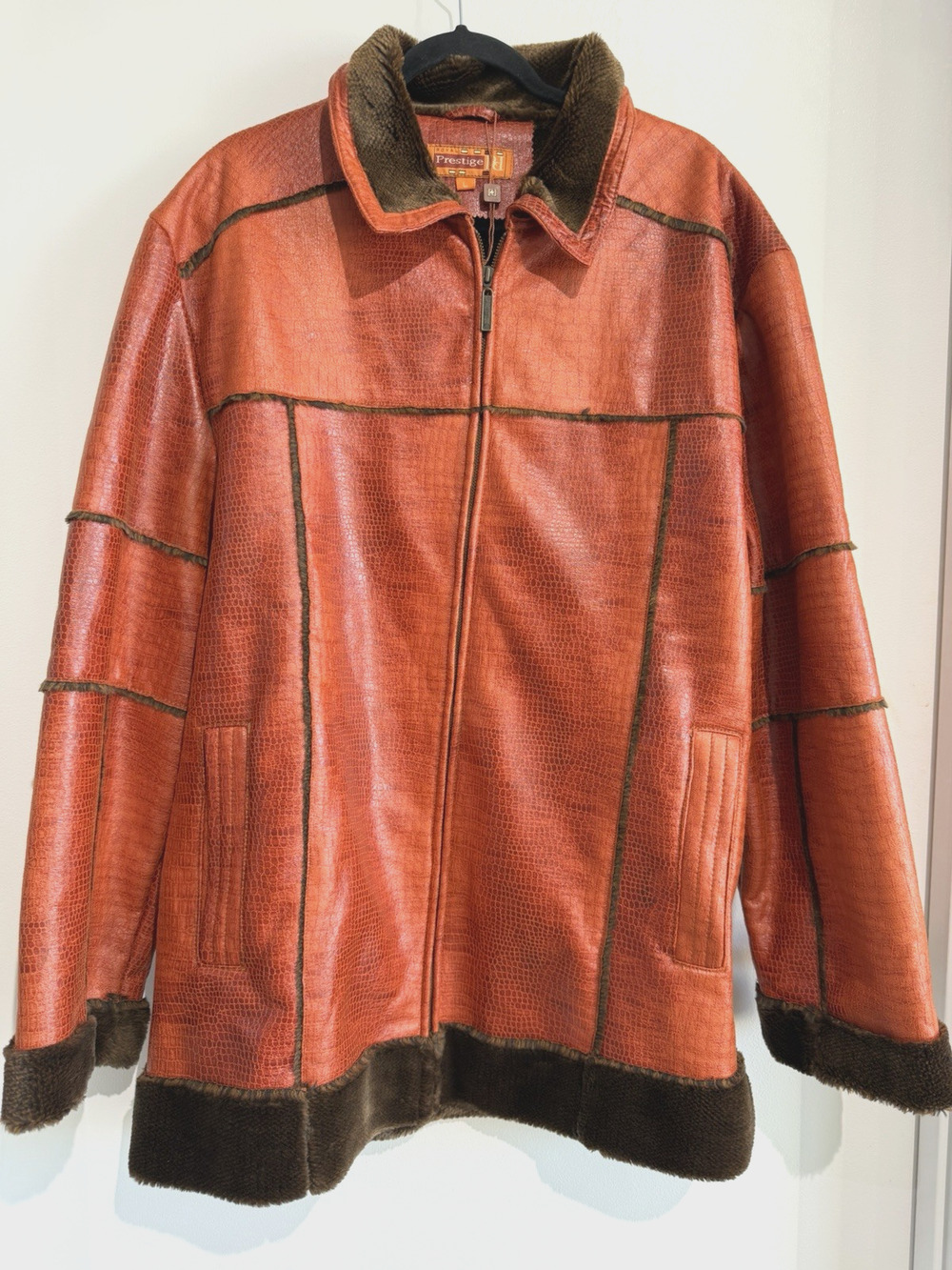 Royal Prestige Crocodile Embossed Faux Leather Shearling Jacket Rust Brown Sz-L